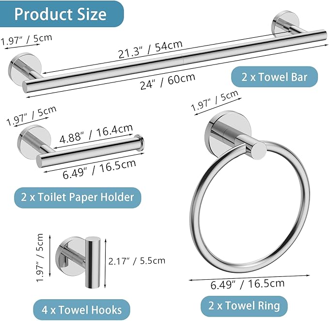 10-Pieces Bathroom Hardware Set, Includes 24 Inch Towel Racks for Bathroom Wall Mounted, Toilet Paper Holder, Towel Hooks for Bathrooms, Towel Rings for Bathroom Wall (Polished Chrome)