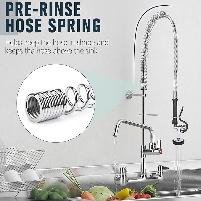 Commercial Faucet with Sprayer, 21 Inch Height Commercial Sink Faucet Wall Mount with 8" Adjustable Center and 8" Add-on Swing Spout & Pull Down Pre Rinse Sprayer