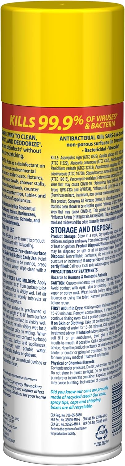 Sprayway All Purpose Cleaner with Lemon Scent, 19oz, Pack of 6 | Foaming Action, Clean, Disinfect, Deodorize | Tough on Grease, Soap Scum, Grime | EPA Approved, Kills 99.9% of Viruses & Bacteria
