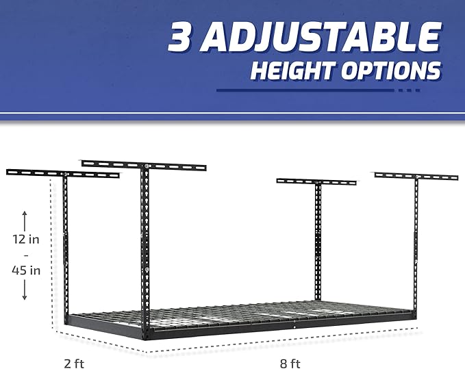 SafeRacks 3x8 Overhead Garage Storage Rack - 500 Pound Weight Capacity Height Adjustable Steel Ceiling-Mounted Rack with Accessories (Hammertone) (12"-21")