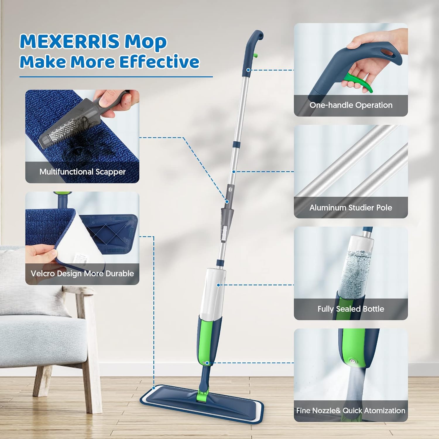 Spray Wet Mops for Hardwood Floor Cleaning: MEXERRIS Flat Mop with 5 Washable Pads for Swiffer Powermop - Floor Mop Dust Dry Mops with 2 Bottles for Laminate Vinyl Tiles Wood