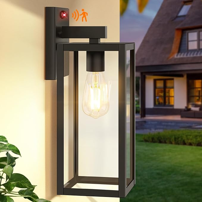 Upgraded Motion Sensor Outdoor Wall Light, Large Size Dusk to Dawn Porch Light Outdoor Wall Sconce Lantern, 3 Lighting Modes Exterior Lighting Fixture Wall Mount, Outside Light for House Garage, Black