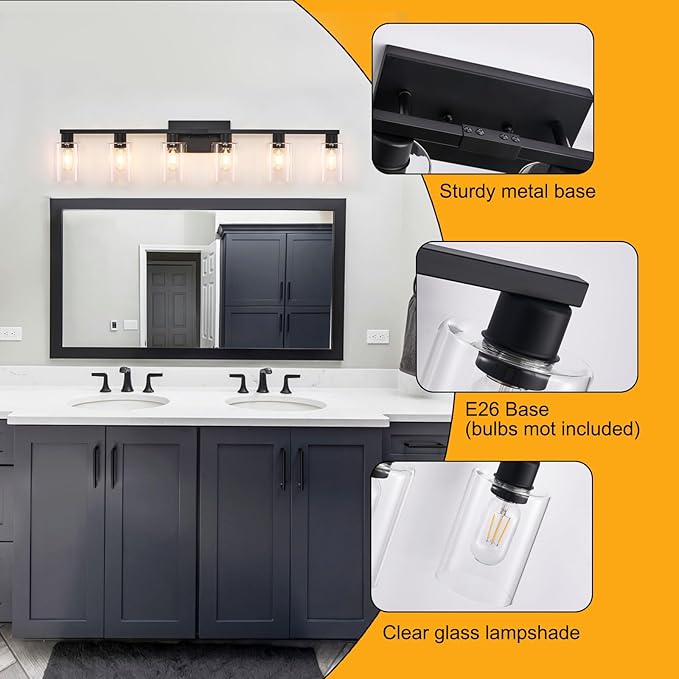 6-Light Vanity Lights,Large Vanity Light for Bathroom Black Vanitii Lights with Clear Glass Shade,Bathroom Light Fixtures Over Mirror