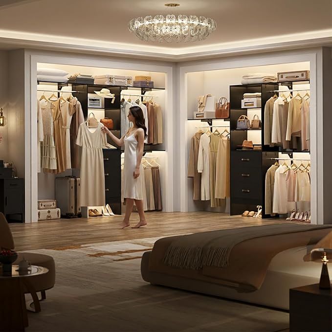 Closet System with Drawer - 8FT Wood Closet Organizer System with 3 Hanging Rods and Shelving Tower, 96" Walk In Closet Organizer Wardrobe, Heavy Duty Garment Rack Clothes Rack, Black