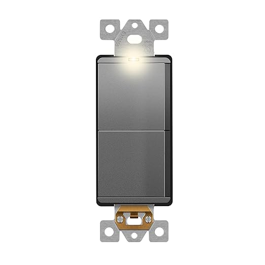 LIDER Minimalist Design Matte Finish Lighted Double Switch, Combination Frameless Decorator Switch with Locator Light, Ground Terminal, Single Pole, 15A 120-277V, UL Listed, LCS2-1P-SG, Space Gray
