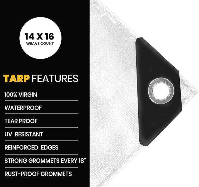 PROTARP Extra Heavy Duty 16 Mil Tarp Cover, Waterproof, UV Resistant, Rip and Tear Proof, Poly Tarpaulin with Reinforced Edges for Roof, Camping, Patio, Pool, Boat. (White 24′ X 24′)