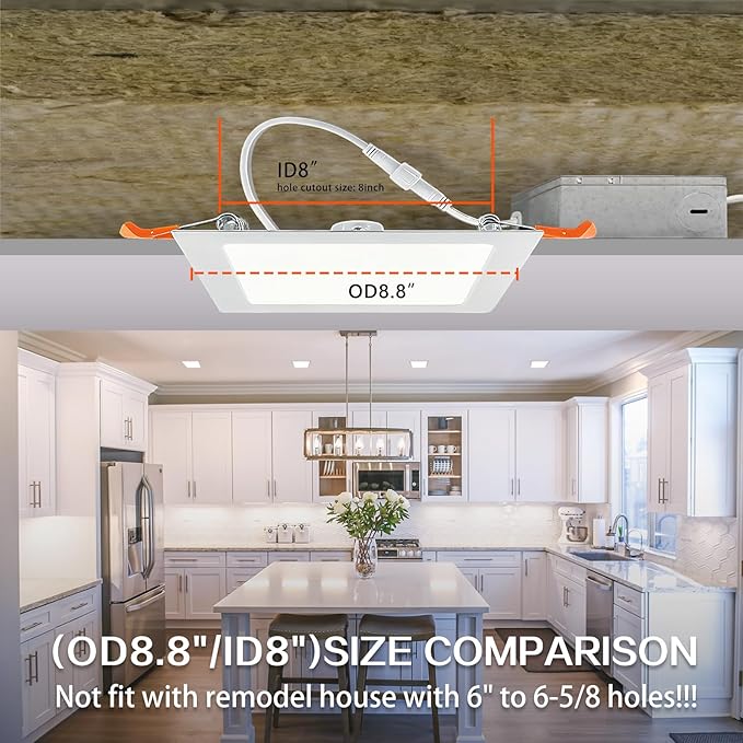 Square 8 Inch LED Recessed Light,18W 6000k Daylight,No Dimmable,4Pack Ultra Thin LED Recessed Lighting with J-Box. 8" Recessed Ceiling Wafer Canless Fixtures .Slim Can-Killer Lights,CRl90+