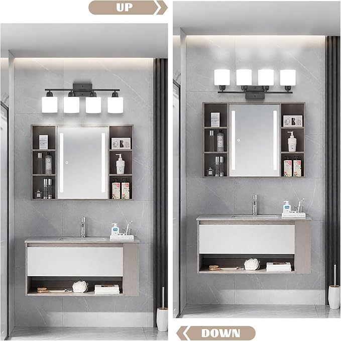 Bathroom Light Fixtures, 4-Light Modern Vanity Light with Milky White Frosted Glass Shades, E26 Socket Wall Lamp, Bathroom Lighting Fixtures Over Mirror Bedroom, Dressing Room (Matte Black, 4-Light)