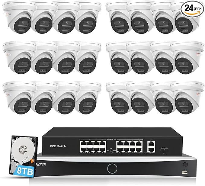 Anpviz 12MP NVR 32 Channel PoE Security Camera System, 32CH H.265+ NVR with 8TB HDD and 16 Ports PoE Switch, 24pcs 4K 8MP IP Cameras with Smart Color Night Vision, Business Surveillance, 24 Cables
