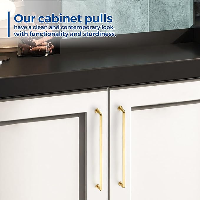 JOY DECOR Cabinet Pulls – 12-3/5 Inch Hole Center, Brushed Brass, 5 Pack, Zinc Alloy Cabinet Handles for Drawers & Cupboard – Vintage Style Hardware for Kitchen, Bathroom, Dresser, Furniture Makeover