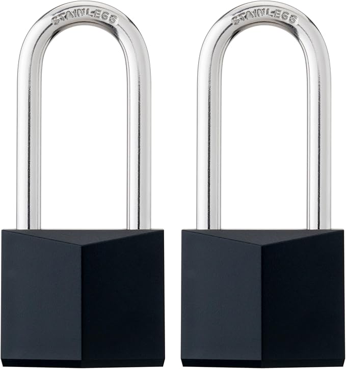 2-Pack Keyed Alike Locks, Black Covered Brass Keyed Padlock with Stainless Steel Long Shackle, 1-9/16 Inch Lock Body, Rustproof Locks for Gate Fence Hasp Cabinet Toolbox Gym or School Locker