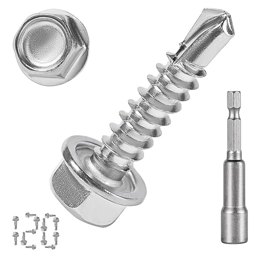 QSJ 120PCS #8 x 3/4'' Sheet Metal Screws 410 Stainless Steel Hex Washer Head Fast Self Tapping Screws with Screwdriver Bit Silver
