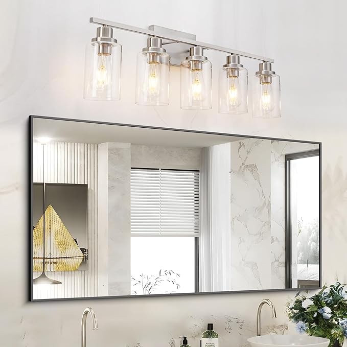5 Light Bathroom Light Fixtures Brushed Nickel Vanity Light Over Mirror Modern Farmhouse Wall Lighting Sconces Wall Lamp for Bathroom, Bedroom, Living Room E26 Socket with Glass Shade