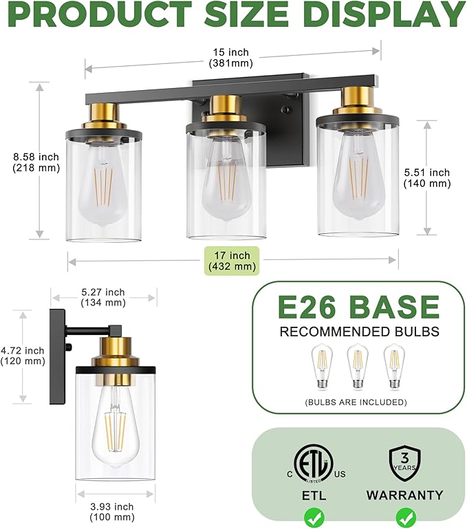 DORESshop 17 Inch Bathroom Light Fixtures, 3-Light Black and Gold Bathroom Lighting Fixtures Over Mirror with Glass Shade, Modern Vanity Lights for Hallway Bedroom, Includes Bulbs