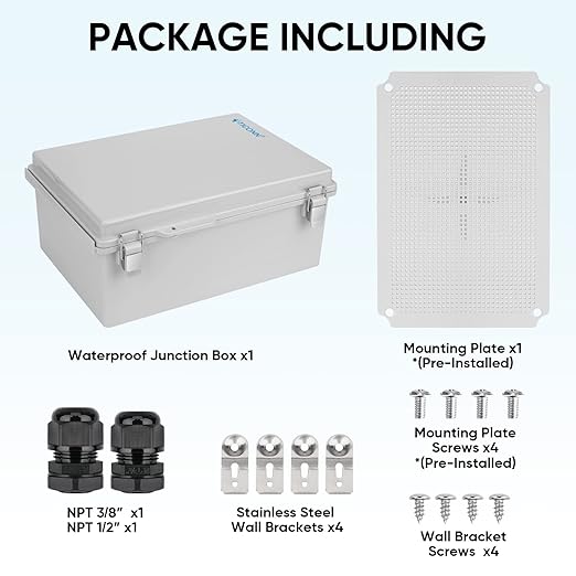 TICONN Waterproof Electrical Junction Box IP67 ABS Plastic Enclosure with Hinged Cover with Mounting Plate, Wall Brackets, Cable Glands (Off-White, 13.8"x9.8"x5.9")