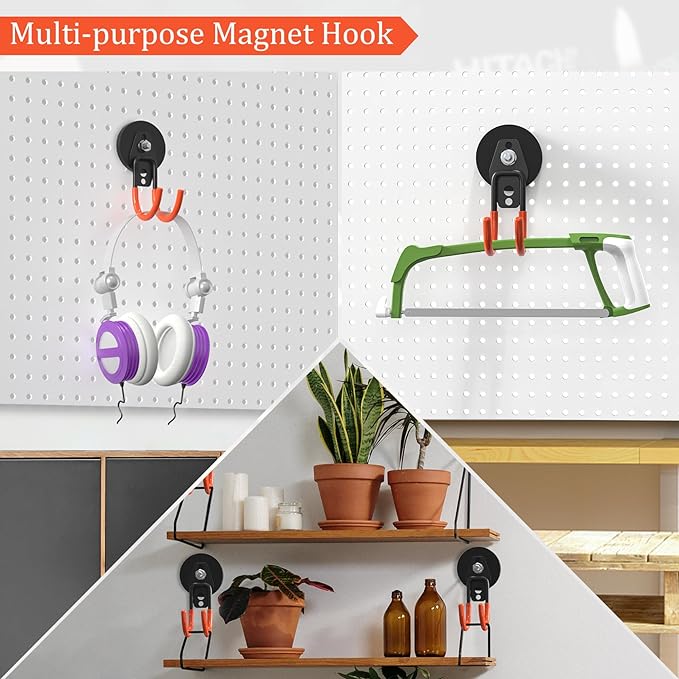 Heavy Duty Storage Magnetic Utility Hooks Large Garage Magnet Hooks with Anti-Slip Coating for Metal Cabinet,Pegboard,Garage Shelve,Garden Tools (4PCS 2.59'' Orange)