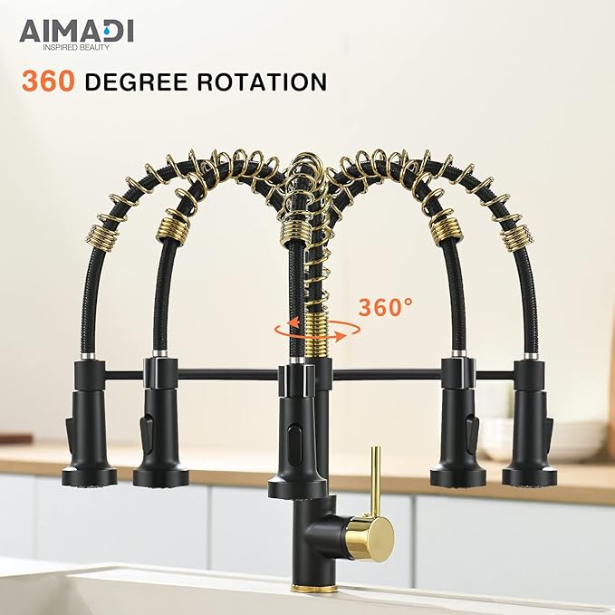AIMADI Matte Black Kitchen Faucet,Black and Gold Kitchen Faucet with Pull Down Sprayer Commercial Single Handle Spring Sink Faucets Suitable for Farmhouses,Camper Laundry Rv Bar