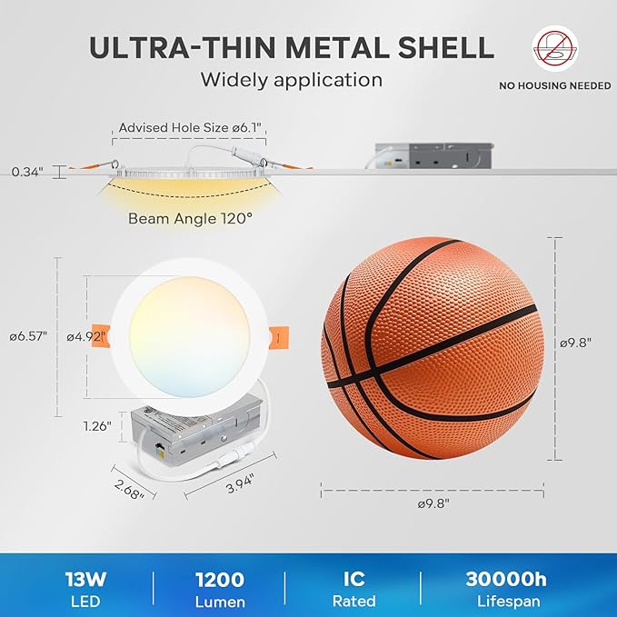LVWIT Ultra-Thin Recessed Lighting 6 Inch with Junction Box, 1200LM 2700K-5000K 5CCT LED Ceiling Lights, Dimmable Canless Wafer Downlight, ETL,FCC&IC, Smooth Trim, 6 Pack