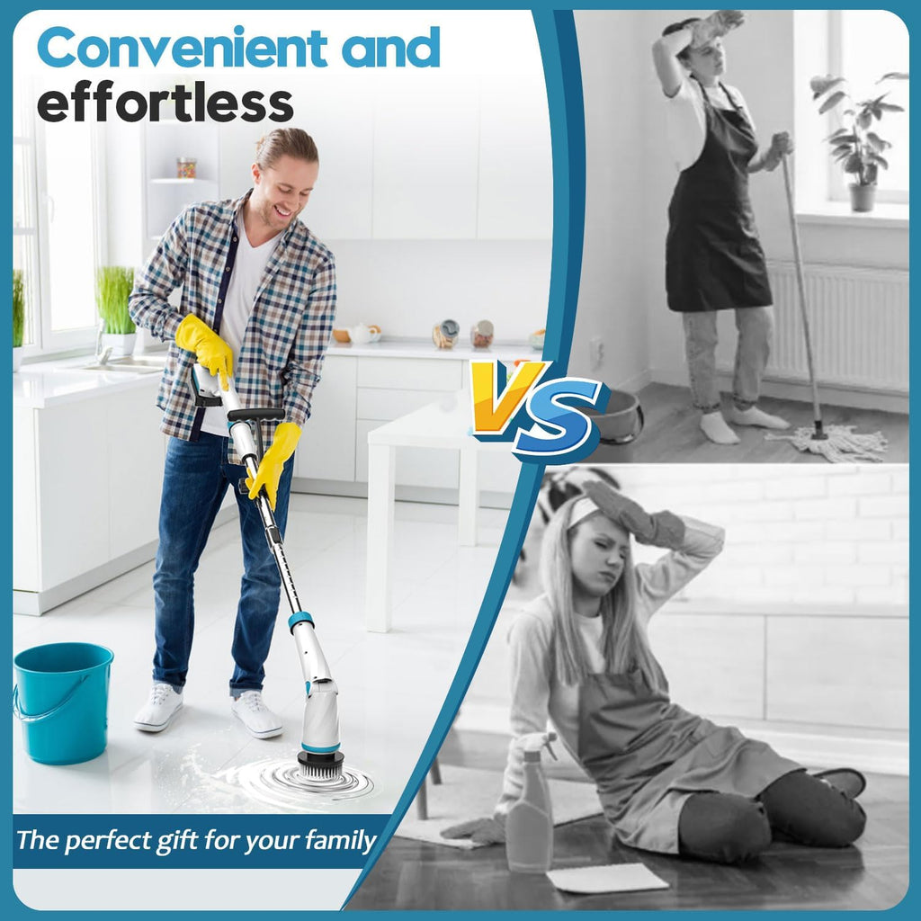 1500RPM Electric Spin Scrubber, 8 Brush Heads Electric Scrubber for Cleaning, Shower Scrubber with Long Handle and Two Battery, High Power Scrubber with Display for Bathroom/Tub/Floor