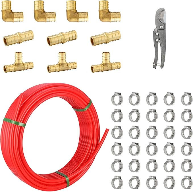 1/2 Inch-100 ft Foskan Red PEX-B Pipe,Water Tubing with a Pipe Cutter,10 PCS Brass Crimp Fittings & 30 PCS Pex Clamps