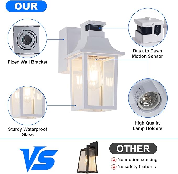 Porch Light with GFCI Outlet Dusk to Dawn Motion Sensor Outdoor Light 3 Light Modes Exterior Light Fixture Waterproof Outside Wall Light for House Patio Garage（White）