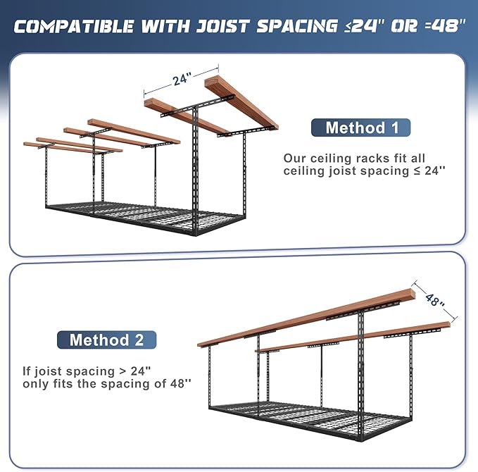 3X8FT Overhead Garage Storage Rack, 22"-48" Height Adjustable Garage Ceiling Storage Racks, Heavy Duty Metal Garage Storage Organizer System, 750LBS Weight Capacity