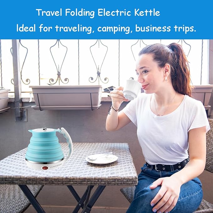Ultrathin Upgraded Food Grade Silicone Travel Foldable Electric Kettle Boil Dry Protection Portable with Dual Voltage and Separable Power Cord,555ML 110-220V US Plug