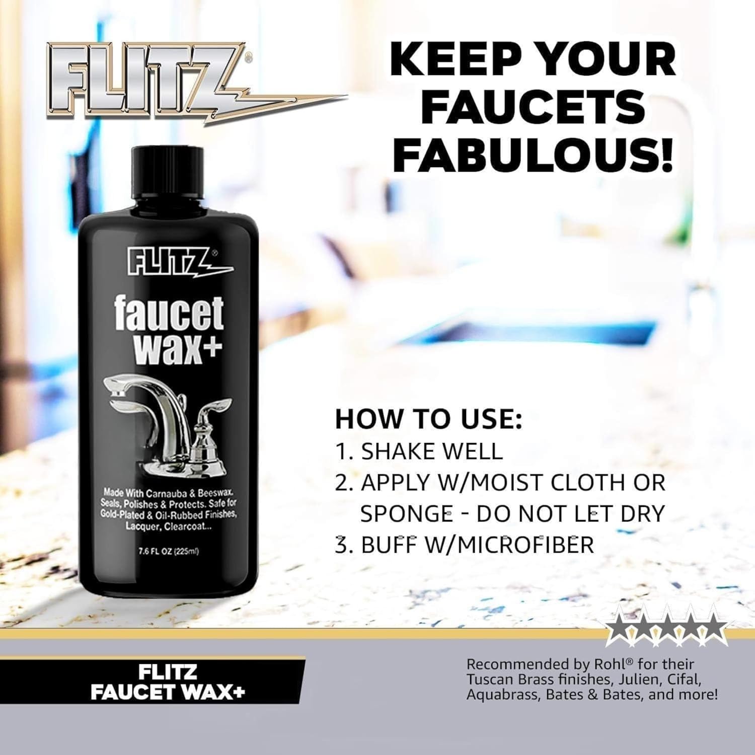 Flitz Faucet Wax Plus - 7.6oz Bottle of USA-Made, Water-Based Faucet Cleaner & Polisher for Water Stains, Fingerprints, & More - Metal Wax for Bronze, Nickel, Chrome, Brass - Granite Polish (24 Pack)