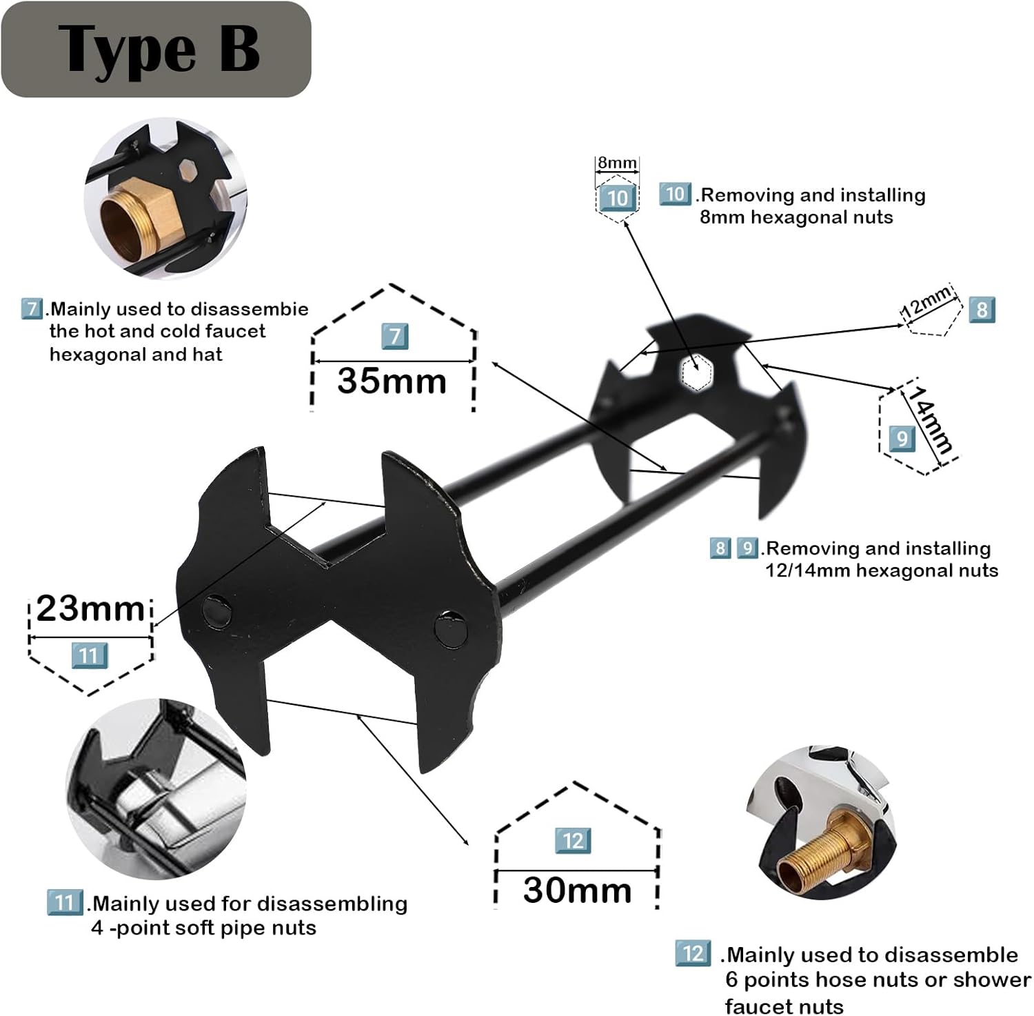 2Pcs Multifunctional Basin Wrench, Universal Under Sink Plumbers Tool, 7 Sizes, Socket Wrench Faucet Tool for Kitchen Home Bathroom