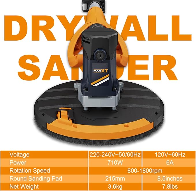 MAXXT Drywall Sander, Lightweight Popcorn Ceiling Removal Tool, 5 Variable Speed Foldable Telescopic Electric Drywall Sander, 800-1700RPM Vertical Power Ceiling Sander With 6pcs SandPapers, Bag