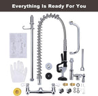43" Height Commercial Kitchen Sink Faucet with Pre-Rinse Sprayer, 8 Inch Wall Mount Center Sink Faucet with Pull Down Spray Unit, Compartment Sink Faucet with 10" Swivel Spout for Restaurant