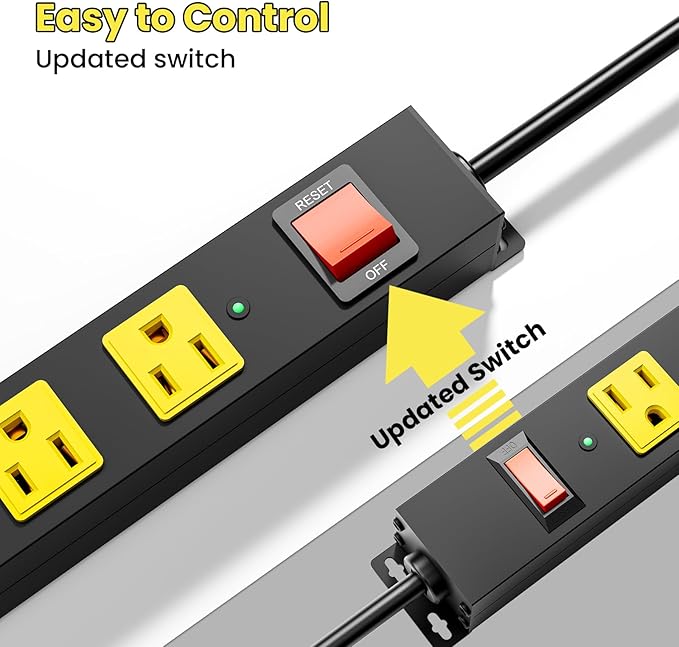 10 Outlet Metal Power Strip with 2100J Surge Protector, Heavy Duty 6FT Extension Cord, Wide Spaced Outlets and Wall Mount for Garage, Workshop, Industrial, Home, Ideal Gift for Father (6ft)