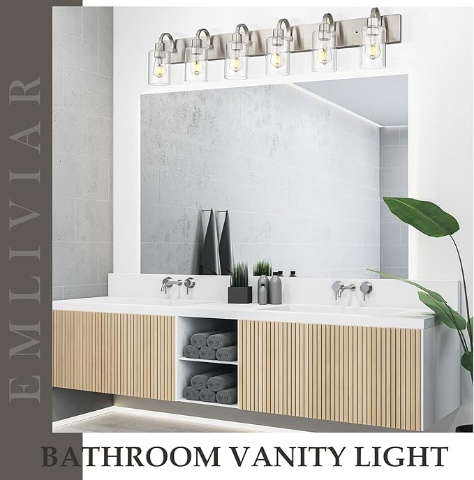 Emliviar Large Bathroom Wall Light, 6-Light Industrial Bathroom Lighting Fixtures Over Mirror, Brushed Nickel Finish with Clear Glass, YCE237B-6W BN
