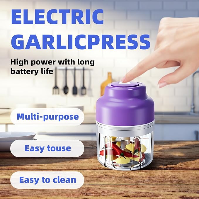 Electric Garlic Chopper, 2025 New Mini Portable Veggie Chopper, Garlic Grinder Masher Rechargeable, Wireless Food Processor for Ginger, Chili, Fruit, Meat (Purple, 250ML)