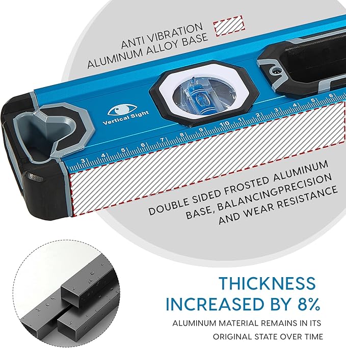 6-Piece Spirit Level Set (12", 16", 20", 24", 32", 40"), Level Set with Magnetic Torpedo, 45°/90°/180°Bubbles Measuring, Aluminium Alloy Levels, Open Top View Design