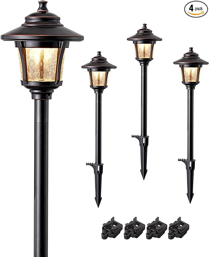 EDISHINE Low Voltage Landscape Lighting, 12V 3W 120LM 3000K Seed Glass Outdoor Landscape Path Lights with Connectors, ORB Waterproof Electric LED Pathway Light Wired for Walkway Garden Yard, 4 Pack