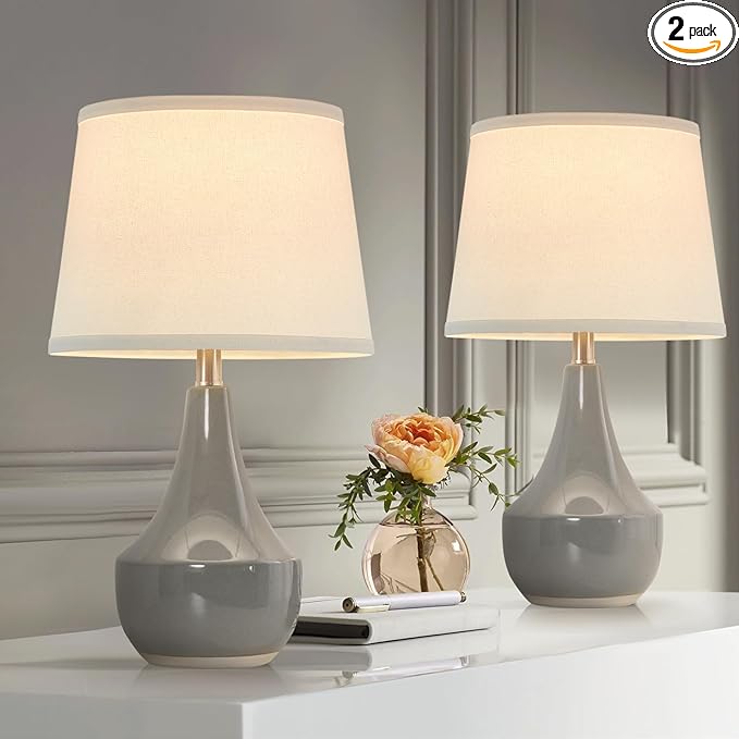 GyroVu Table Lamp Set of 2, 18.63” Ceramic Table Lamp Classic Beside Lamps Nightstand Lamp Modern Lamp for Living Room, Bedroom & Office Rocker Swtich Grey-LED Bulbs Included