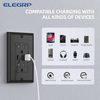 ELEGRP USB Wall Outlets, 20 Amp USB C Wall Outlets Receptacles, Outlets with USB A and C Ports, Tamper Resistant Receptacle, Wall Plate Included, UL Listed, 5 Pack, Black