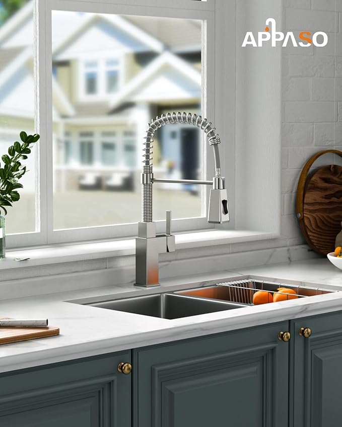 APPASO Square Kitchen Faucets with Pull Down Sprayer, 3 Modes SUS304 Stainless Steel Faucet for Kitchen Sink, Single Handle Kitchen Sink Faucet, Brushed Nickel