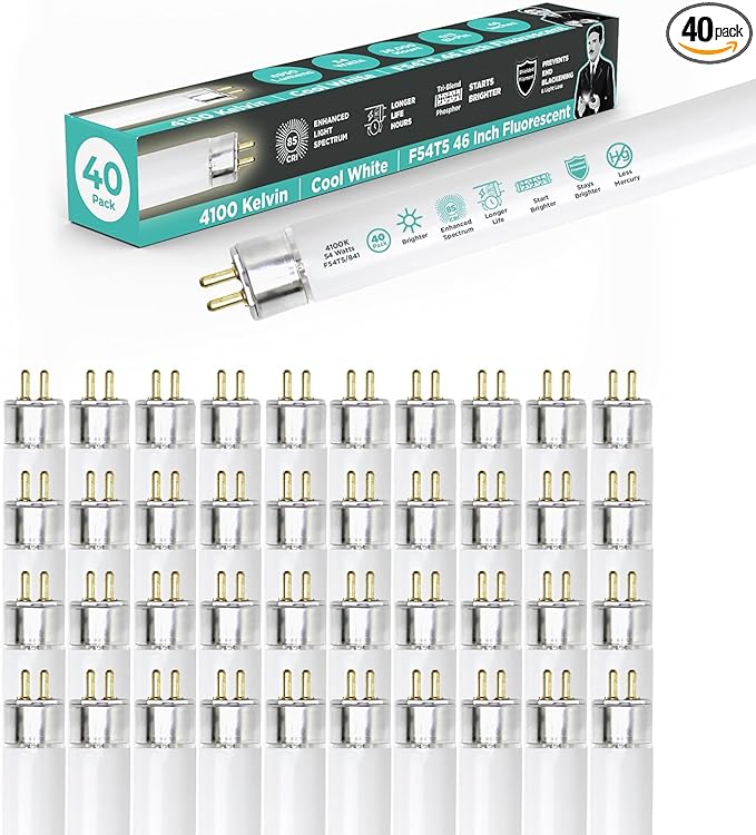 GoodBulb 54-Watt 46 Inch T5 Fluorescent Light Bulb 4100K Cool White Color Medium Bi-Pin Base 4950 Lumens 85 CRI 36000 Life Hours Instant/Programmed Start (Pack of 40)