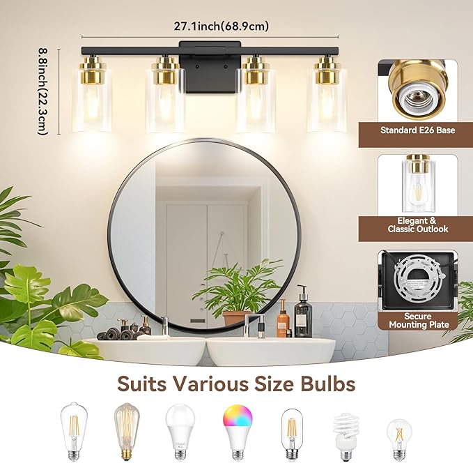 4-Light Bathroom Light Fixtures, 27" Modern Vanity Lights Over Mirror with Clear Glass Shades, Black & Gold Wall Sconce, Classic Wall Light Fixture for Mirror Living Room Cabinet Bedroom Porch Kitchen