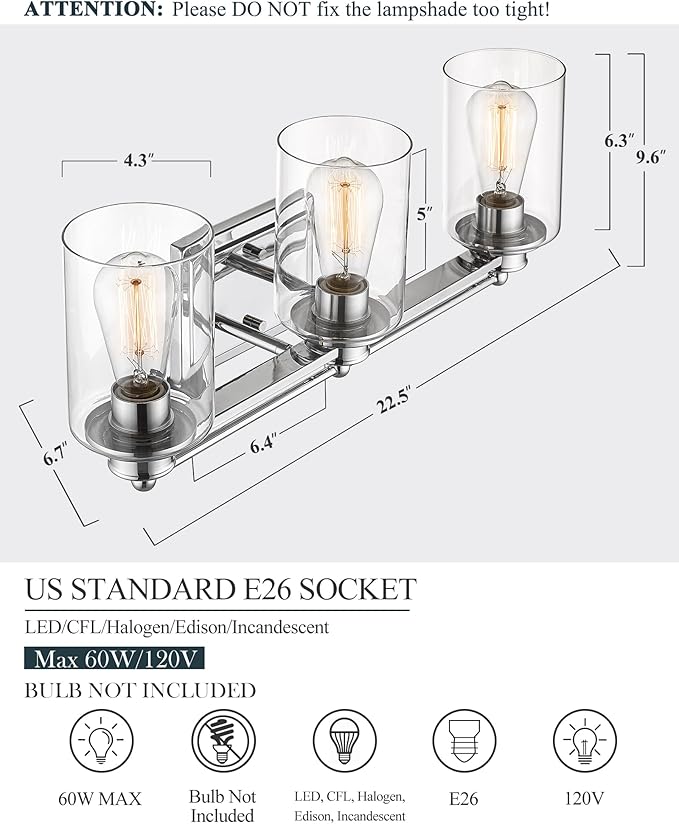 Bathroom Vanity Light Fixtures, HWH Modern Wall Sconce Lighting Over Mirror, 3-Light Vanity Wall Lamp in Chrome, 5HLT63B-3W CH