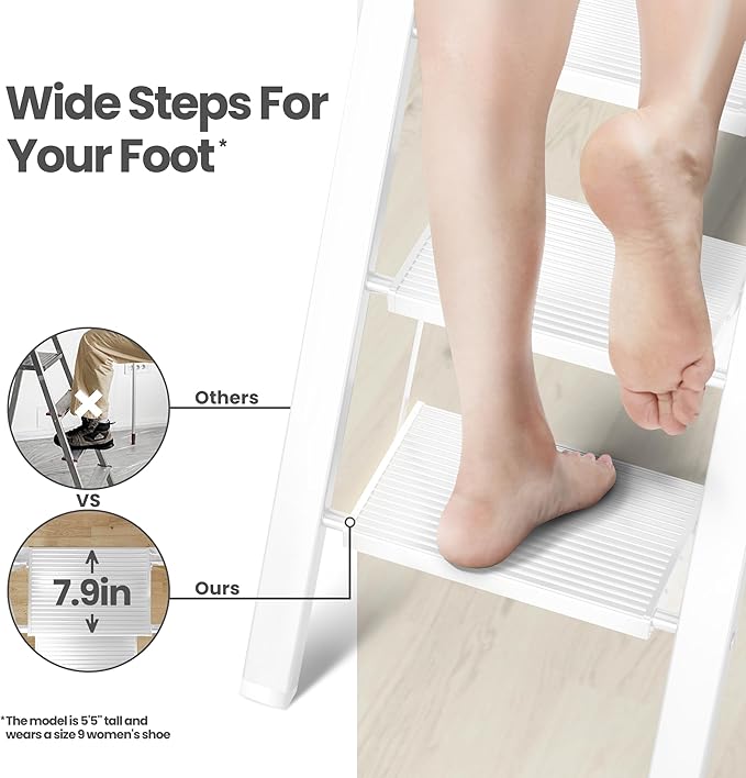 6 Step Ladder, Folding Step Stool with Handgrip and Anti-Slip Wide Pedal, Portable Lightweight Aluminum Stepladder for Kitchen, Home, Library, Office (300 lbs Capacity) - White