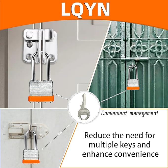 Padlocks with Same Key, LQYN 100 Pcs Laminated Keyed Padlock (1-9/16", 40mm), Keyed Alike Locks, Long Shackle, for Storage Locker, Hasp Latch, Toolbox, Sheds