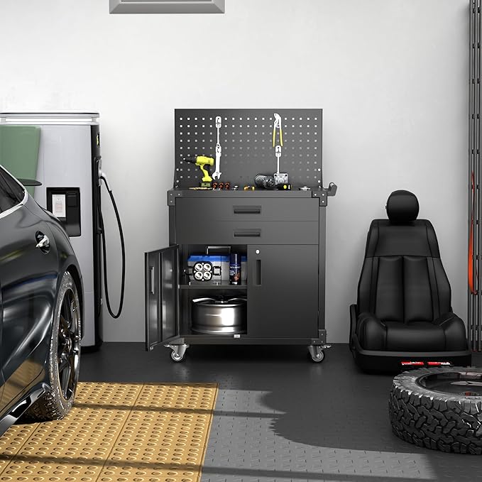 Tool Cart with Wheels and 2 Drawers, Metal Garage Storage Cabinet with Lockable Doors, Pegboard and 4 Hooks for Garage, Workshop, Tool Chest, Heavy Duty Work Bench, Black, Assembly Required