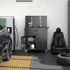 Tool Cart with Wheels and 2 Drawers, Metal Garage Storage Cabinet with Lockable Doors, Pegboard and 4 Hooks for Garage, Workshop, Tool Chest, Heavy Duty Work Bench, Black, Assembly Required