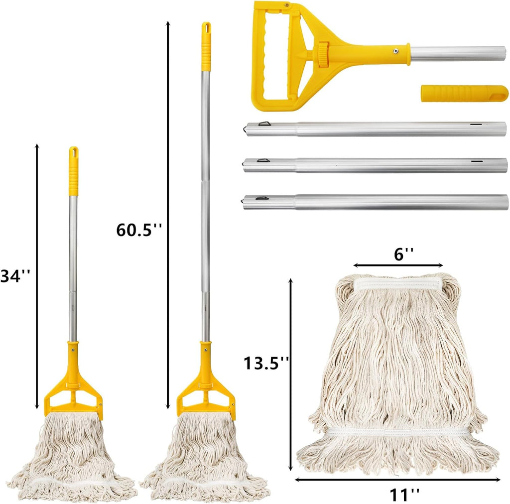 Yesland Mop with 2 Cotton Heads, Heavy Duty 61in Long Handle Looped-End String Wet Mops for Cleaning Office, Garage, Hardwood, Warehouse, Factory, Mall, Deck