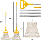 Yesland Mop with 2 Cotton Heads, Heavy Duty 61in Long Handle Looped-End String Wet Mops for Cleaning Office, Garage, Hardwood, Warehouse, Factory, Mall, Deck