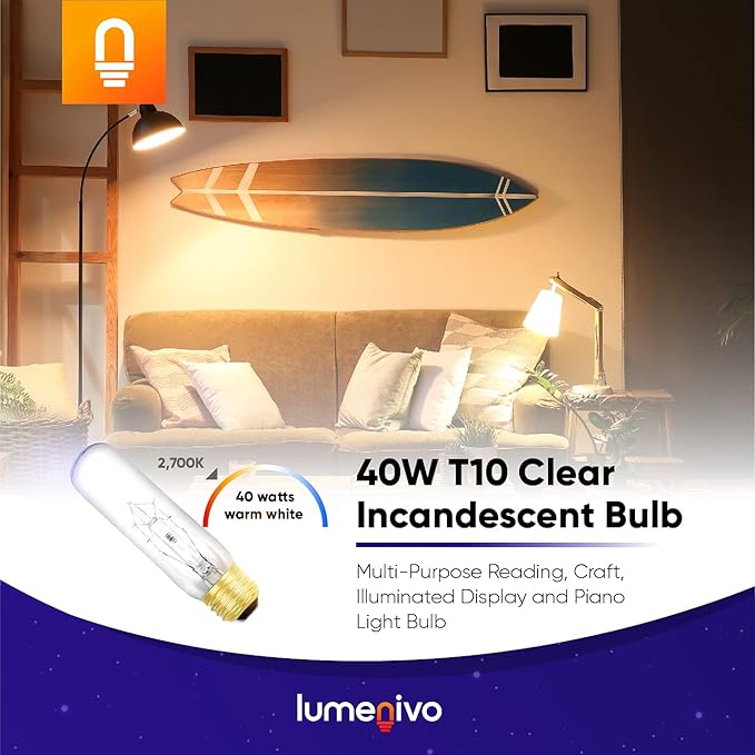 lumenivo Piano Light Bulb 40 watt 120 Volts 一 40T10/CL Light Bulb Display Replacement for Creative Hobbies 3090 一 T10 Bulb Medium Base (E26) Clear Incandescent Bulb for Illuminated Display 一 4 Pack