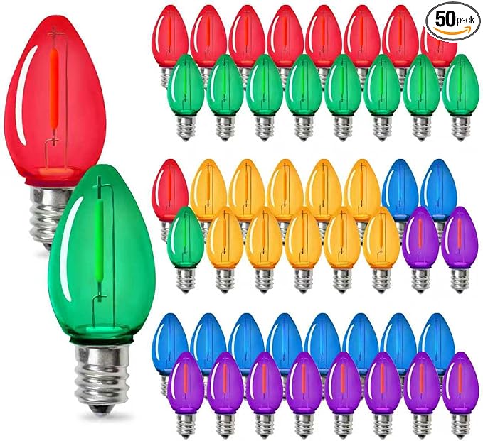 C7 Christmas Led Light Bulb, Multicolor Replacement Night Light Bulb, 0.6W Shatterproof Led Bulbs, E12 Standard Base, 50 Pack